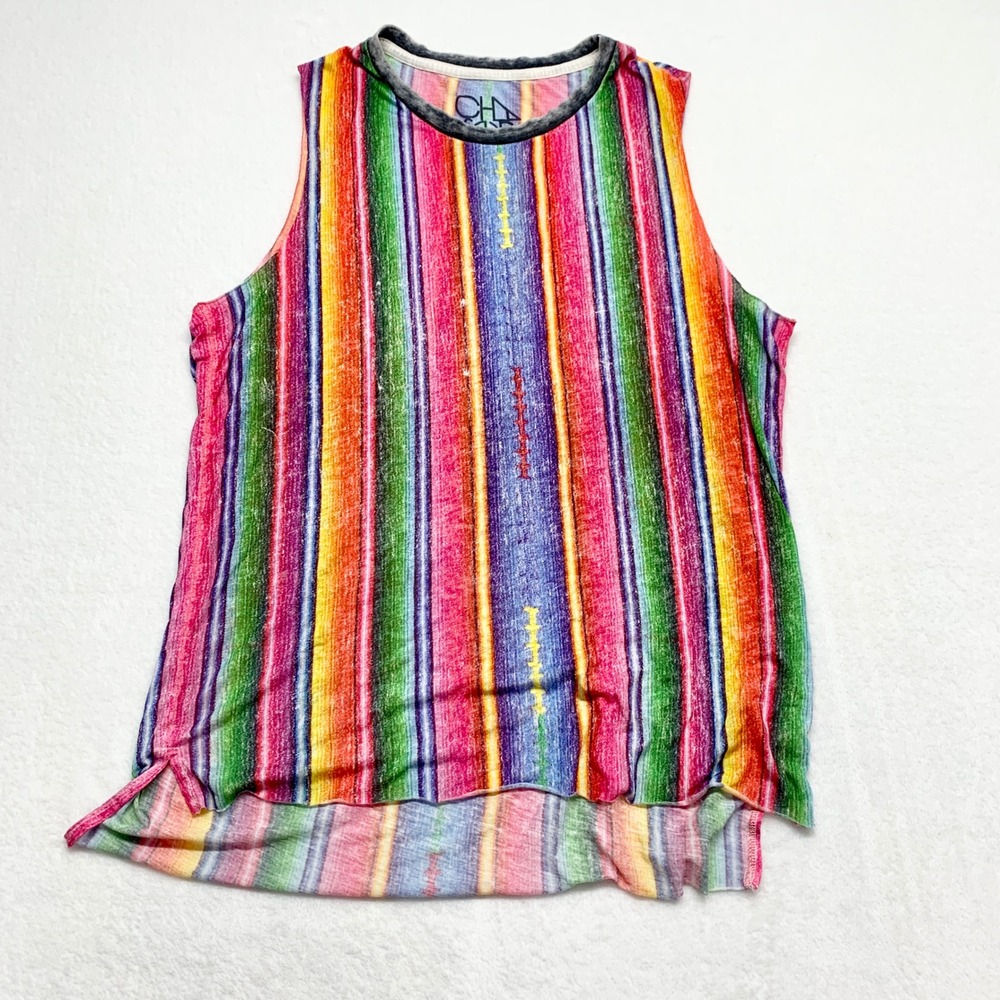 Chaser Serape Stripe Muscle Tank Women Size M Rainbow Boho Festival Cotton Blend